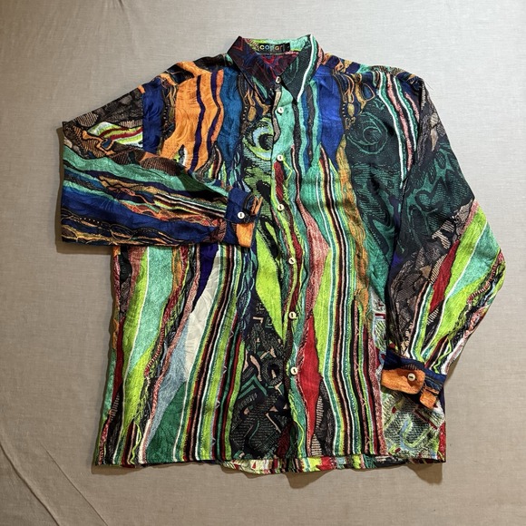Vintage COOGI 3D Print Silk Shirt Mens L Multicolor Button Up Long Sleeve Italy.